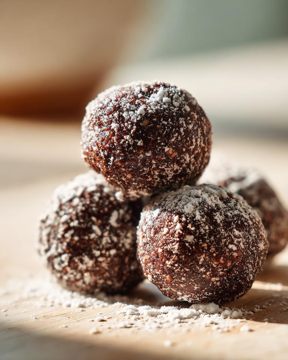 A stack of rich, dark chocolate rum balls generously dusted with white powdered sugar.
