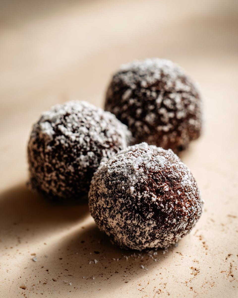 Close-up of three rich chocolate rum balls heavily coated in white powdered sugar.