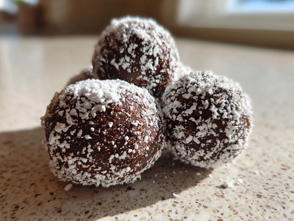 A close-up, sunlit photo of three rich chocolate rum balls heavily coated in white powdered sugar.