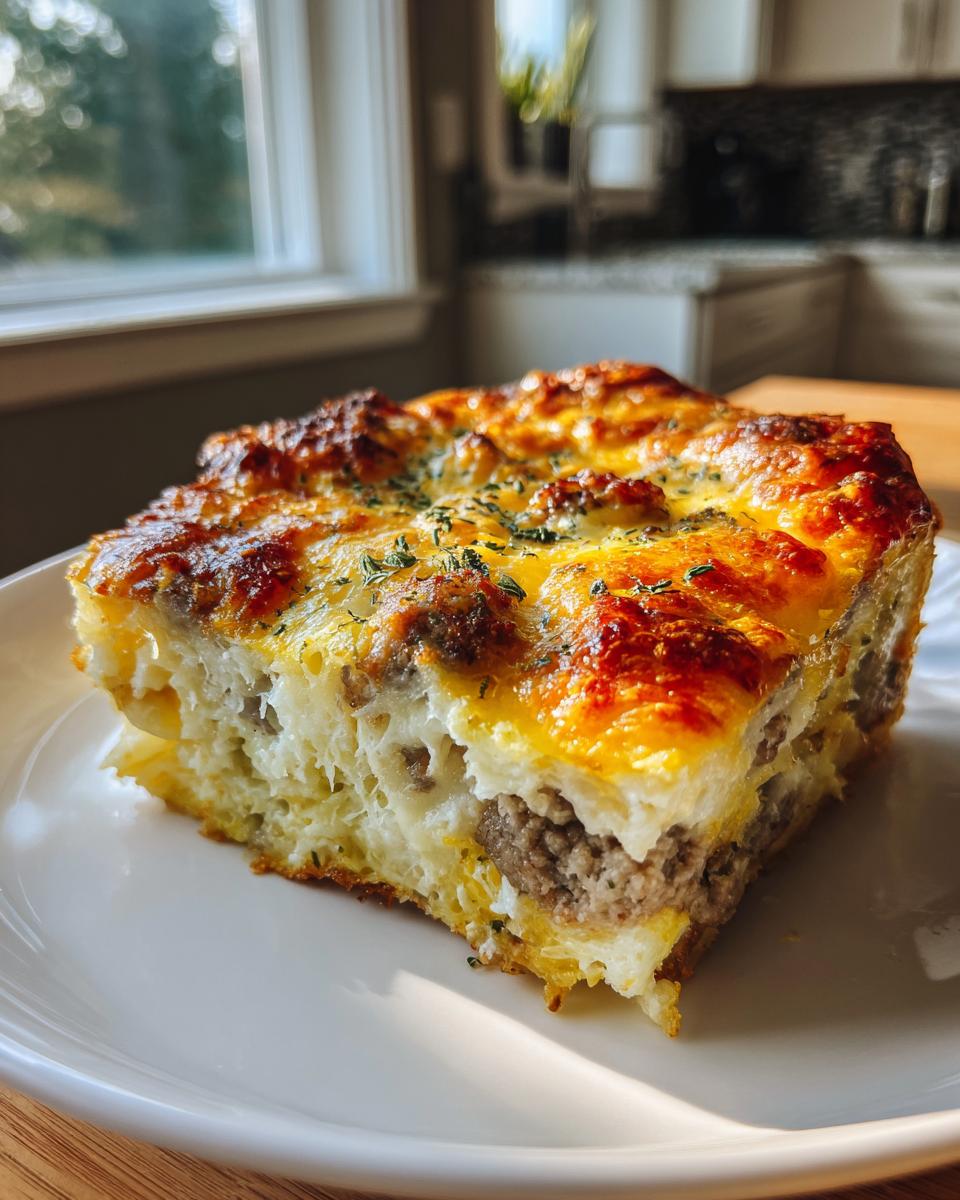 A square slice of cheesy, baked christmas breakfast casserole with visible sausage and egg layers on a white plate.