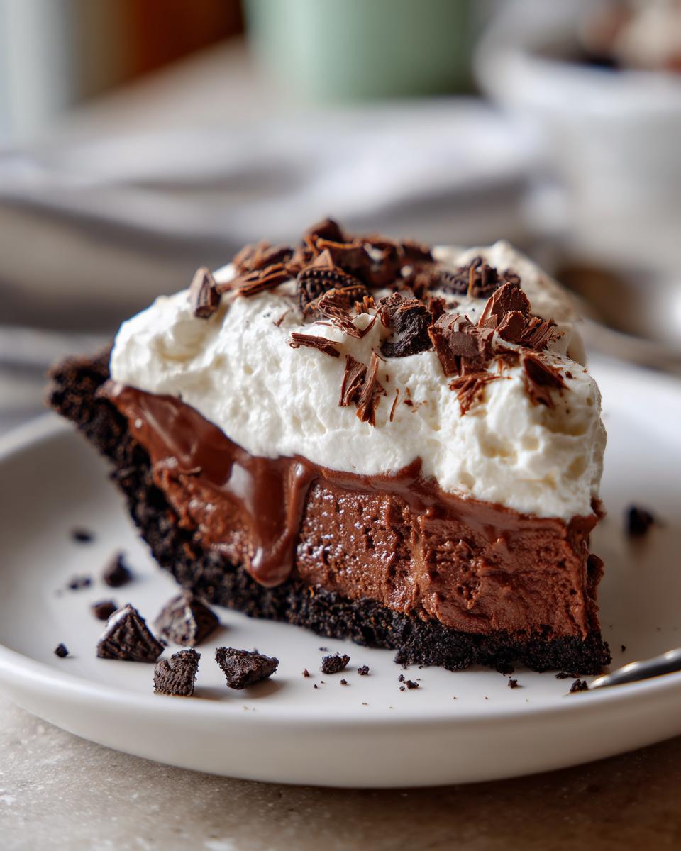 A decadent slice of Christmas chocolate cream pie featuring a dark crust, rich chocolate filling, and topped with whipped cream and chocolate shavings.