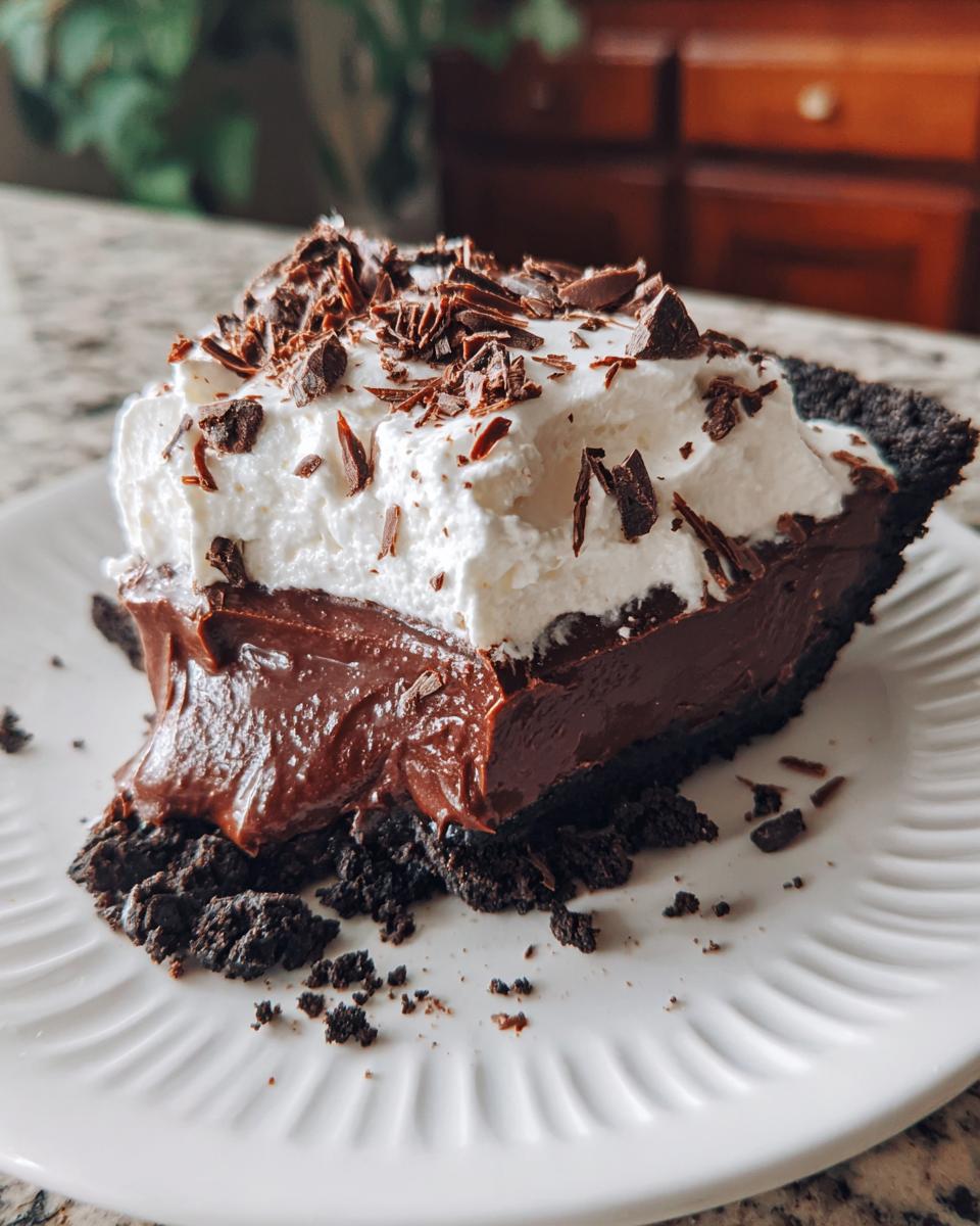 A decadent slice of Christmas chocolate cream pie featuring rich chocolate filling, whipped cream, and chocolate shavings.