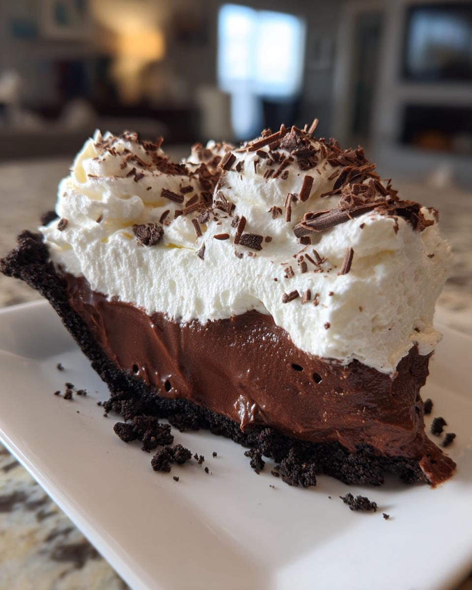 A rich slice of Christmas chocolate cream pie featuring a dark crust, thick chocolate filling, and topped with whipped cream and chocolate shavings.
