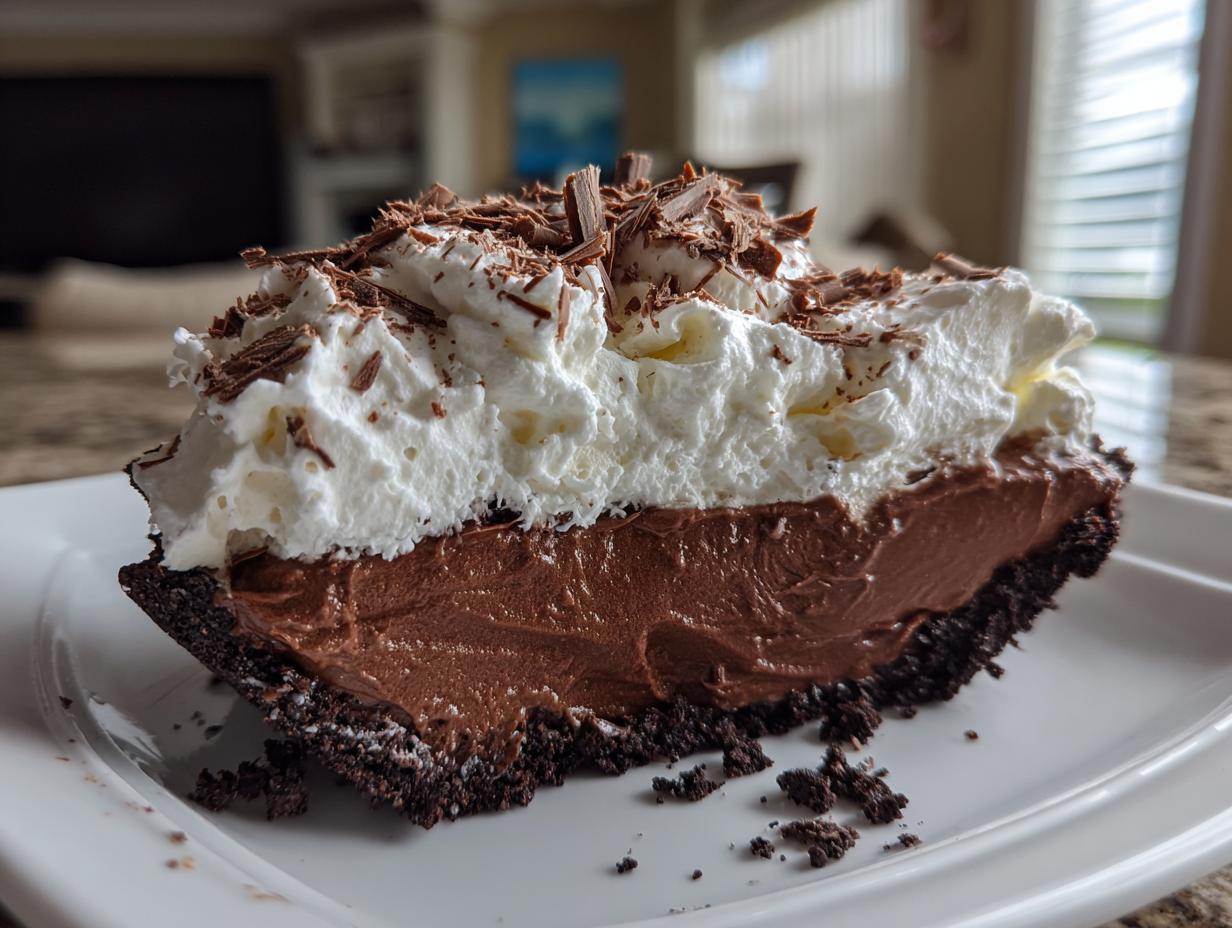 A decadent slice of Christmas chocolate cream pie featuring a dark crust, rich chocolate filling, and tall whipped cream topped with chocolate shavings.