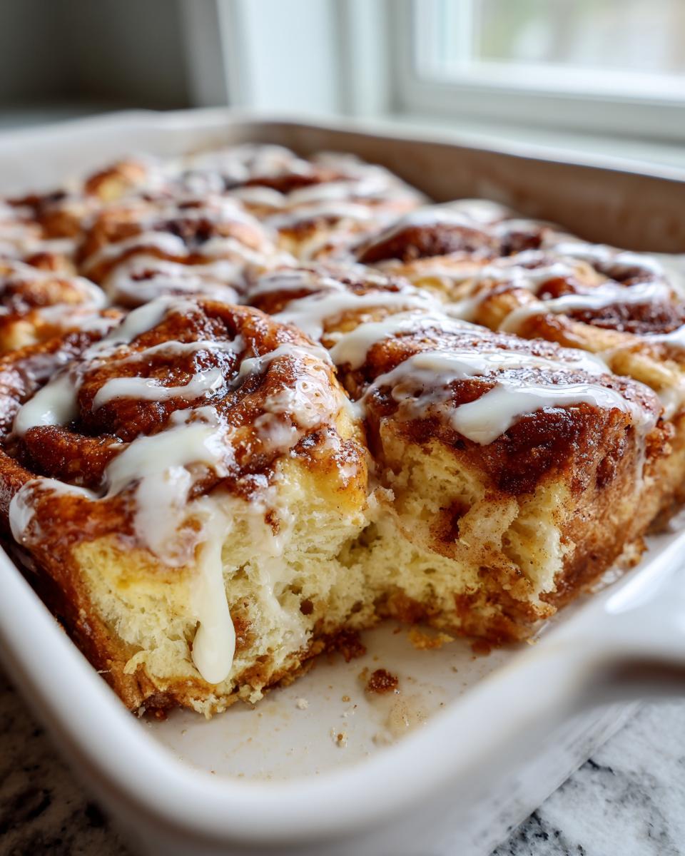 A close-up of a freshly baked Cinnamon roll casserole in a white dish, drizzled with white icing, showing a soft, pulled-apart texture.