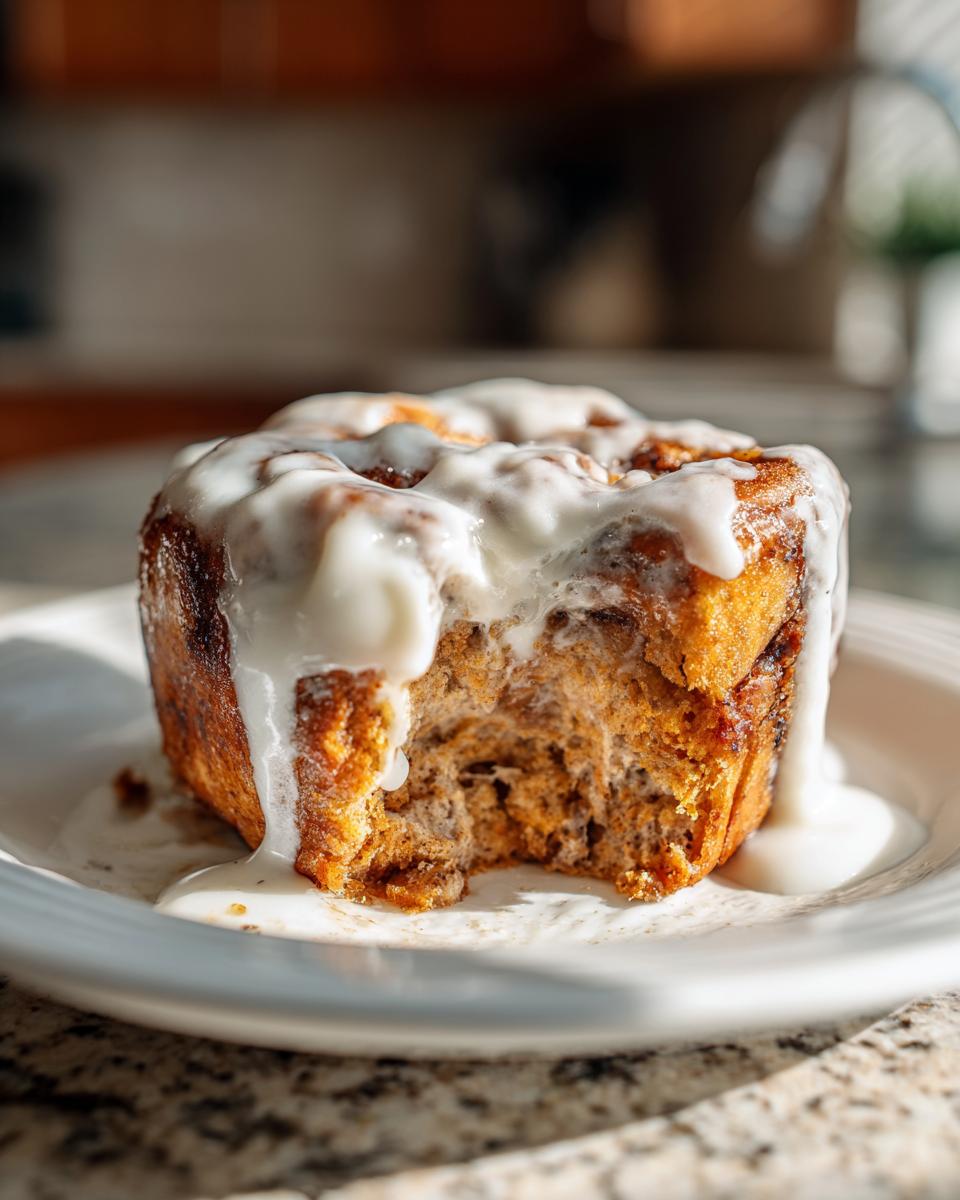 A single serving of warm cinnamon roll casserole topped with thick white icing, showing a bite taken out.