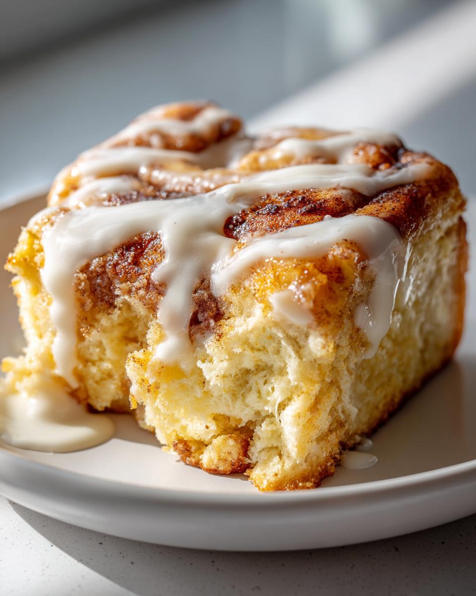 A close-up, sunlit shot of a fluffy square serving of cinnamon roll casserole topped with thick white icing.