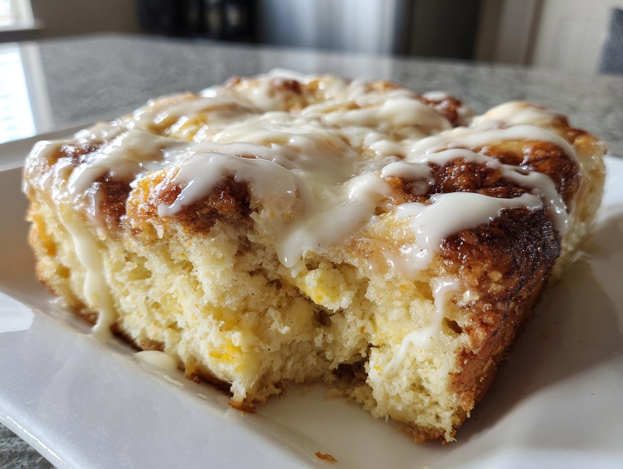 A moist, square slice of cinnamon roll casserole topped with thick white icing, showing the fluffy interior.