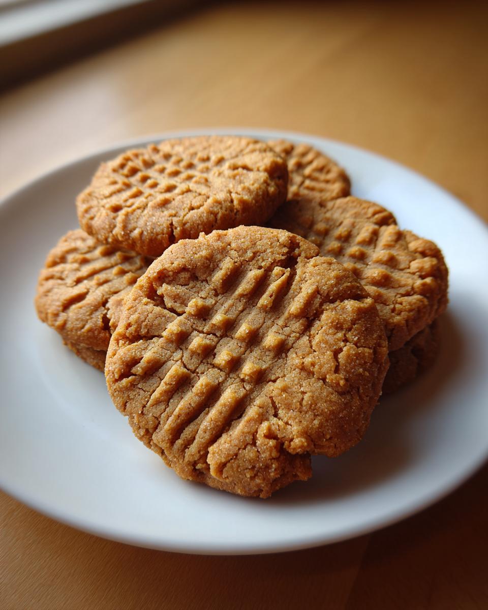 A stack of freshly baked peanut butter cookies showing the classic crosshatch fork pattern on a white plate.