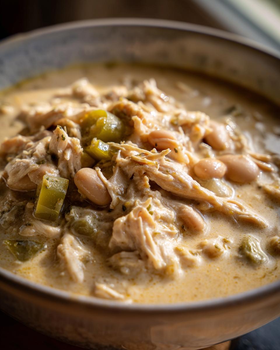 A close-up view of rich, creamy white chili featuring shredded chicken, white beans, and green chilies in a bowl of cream cheese chicken chili.