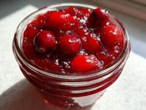 Close-up of bright red cranberry christmas jam with whole berries visible in a glass jar.