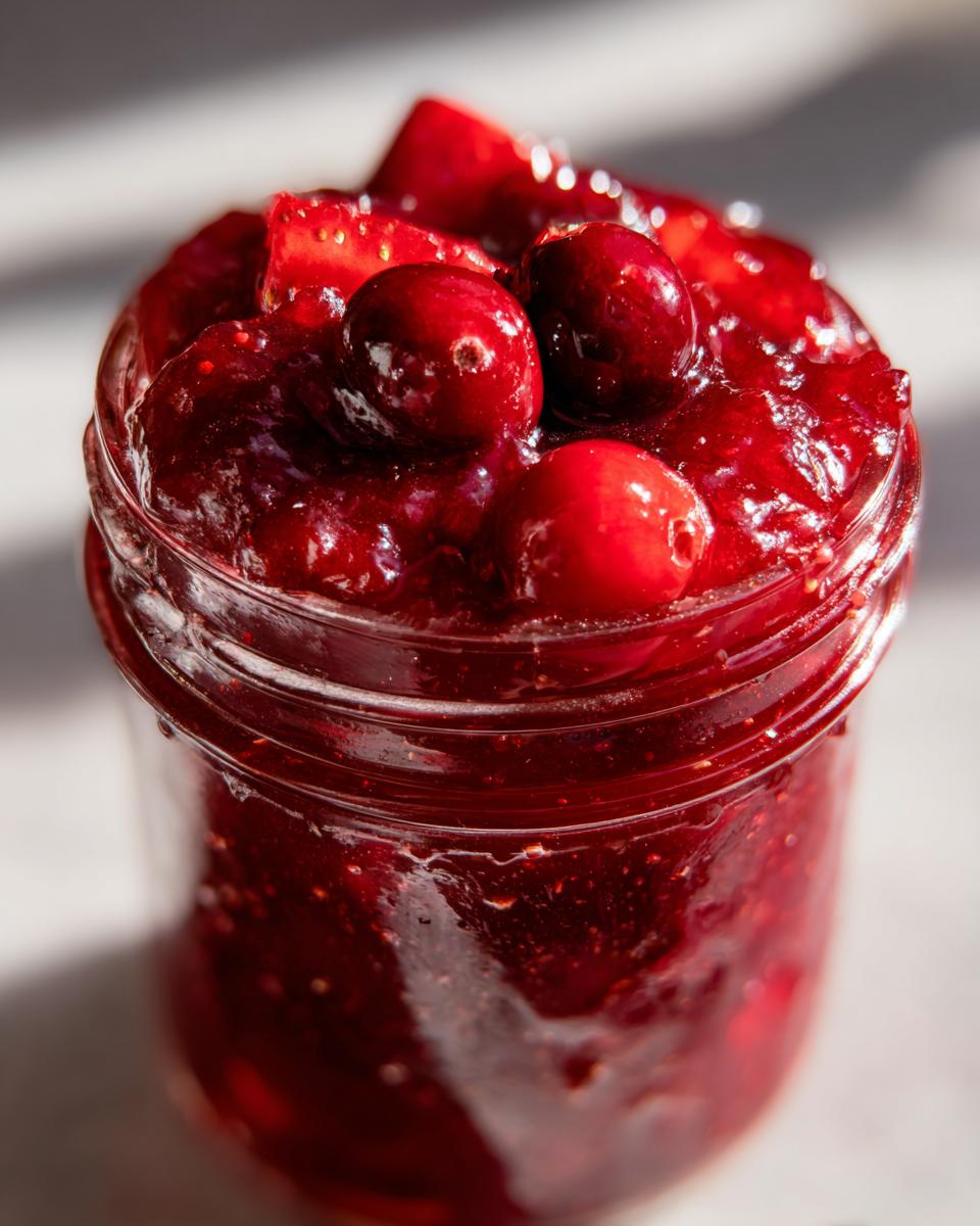 Close-up of a glass jar filled with vibrant, chunky cranberry christmas jam topped with whole cranberries.