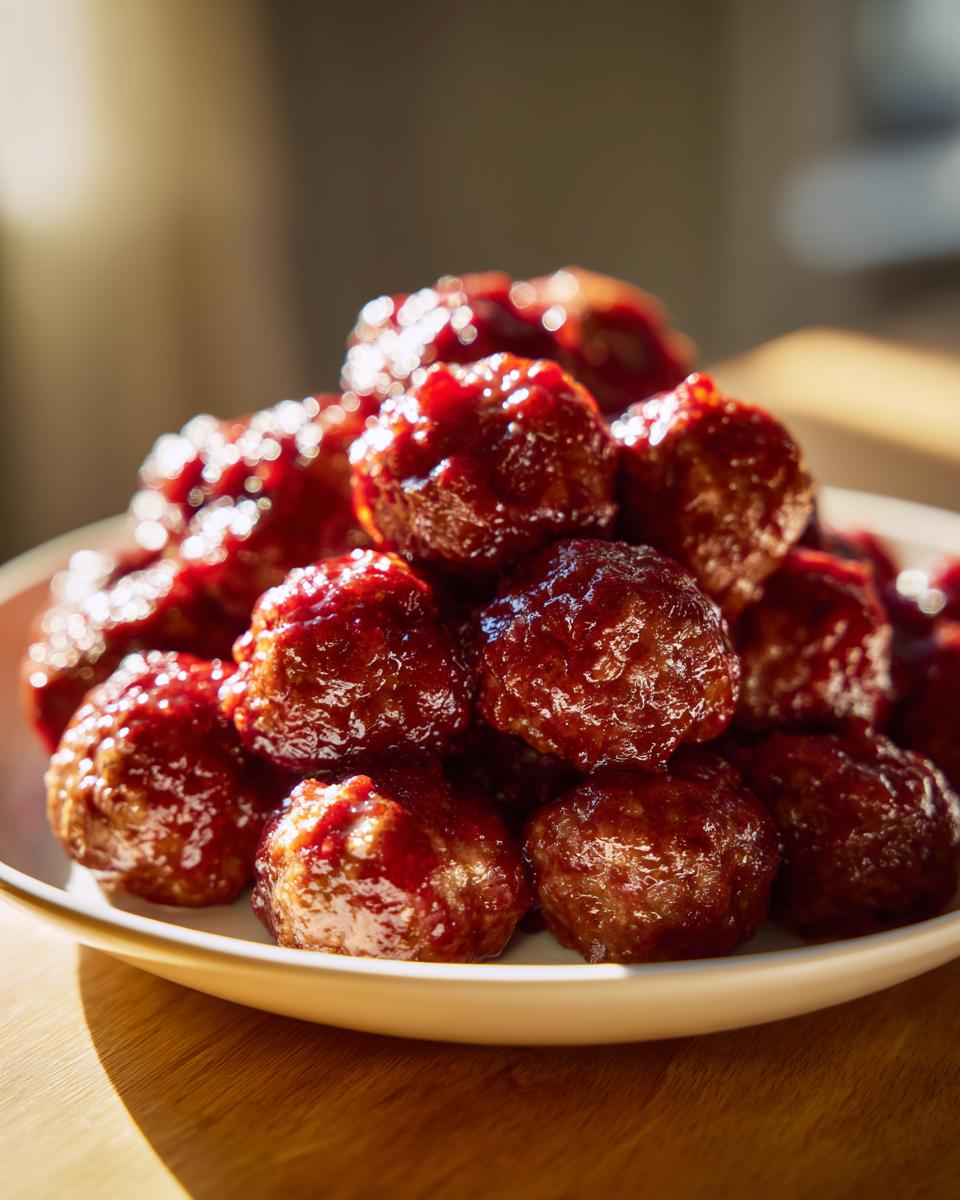 A close-up of a pile of glossy, sauce-covered cranberry meatballs served on a white plate.