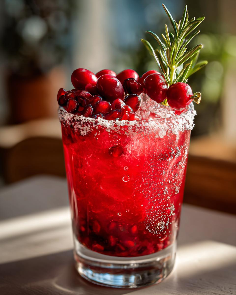 A vibrant, deep red cranberry pomegranate margarita garnished with fresh cranberries, pomegranate seeds, and rosemary.