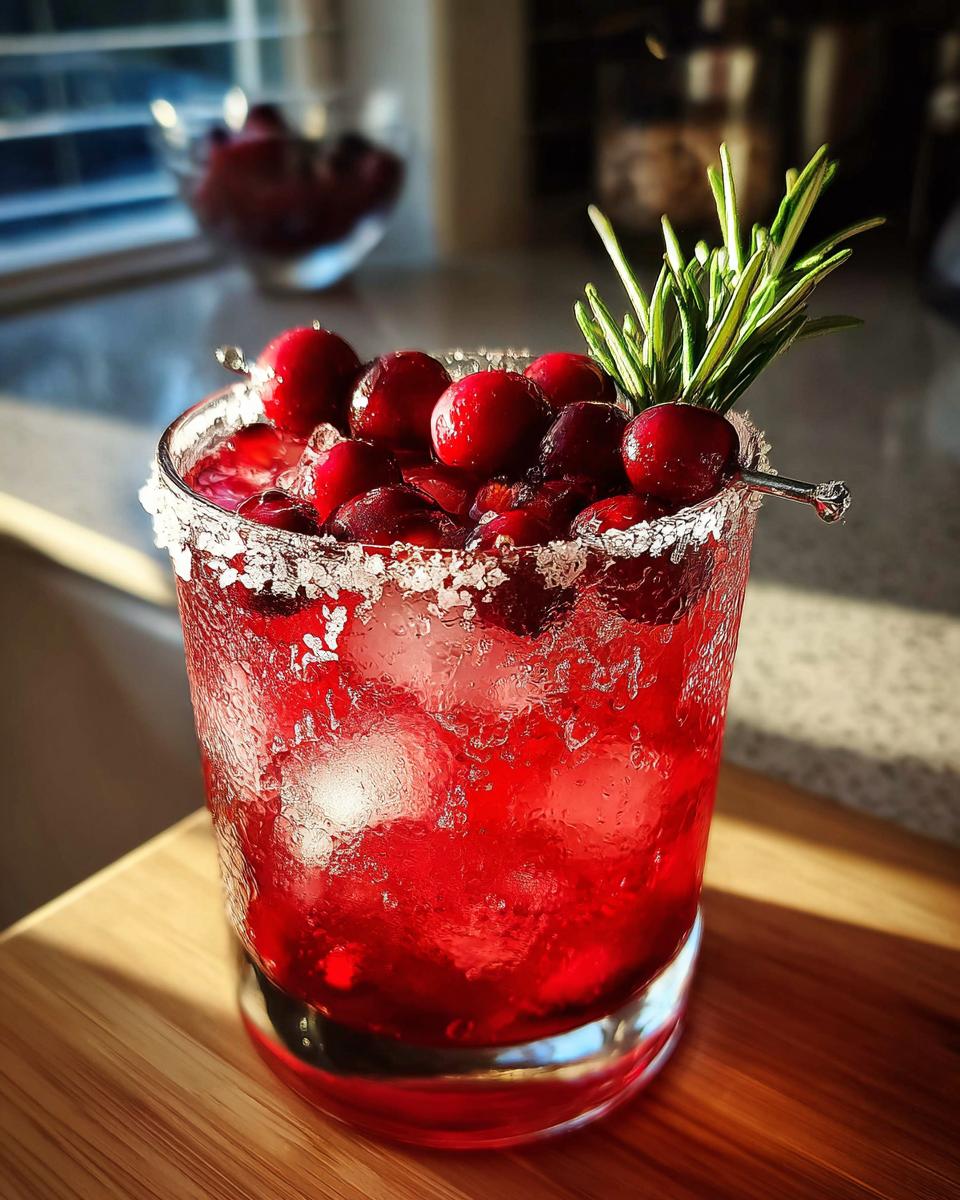 A vibrant red cranberry pomegranate margarita served over ice with a sugared rim, fresh cranberries, and a rosemary sprig garnish.