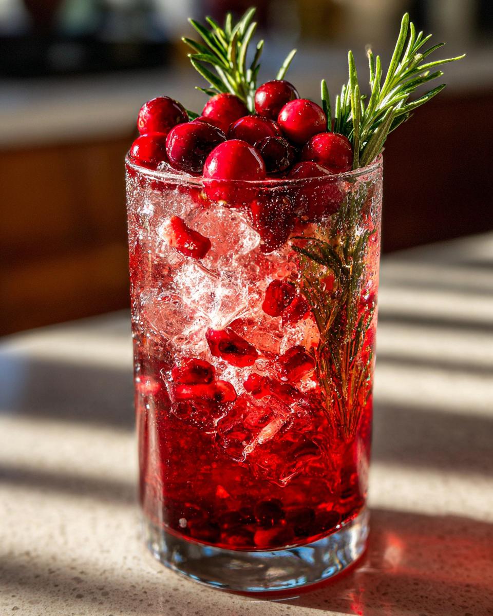 A vibrant cranberry pomegranate margarita cocktail filled with ice, whole cranberries, and garnished with rosemary sprigs.