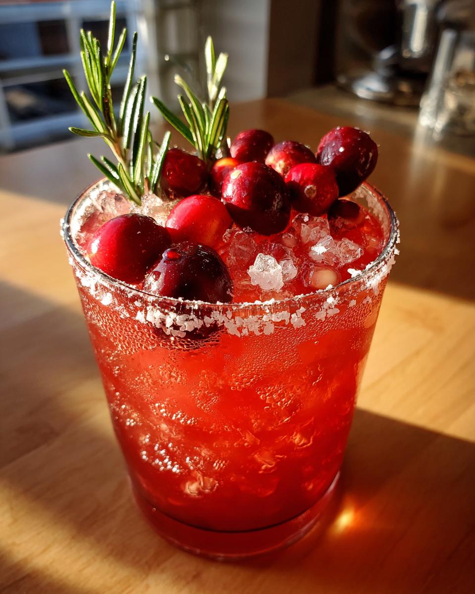 A vibrant red cranberry pomegranate margarita in a salt-rimmed glass, topped with fresh cranberries and rosemary sprigs.