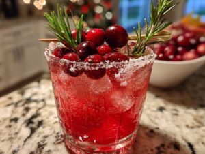 A vibrant red cranberry pomegranate margarita in a sugar-rimmed glass, garnished with fresh cranberries and rosemary sprigs.