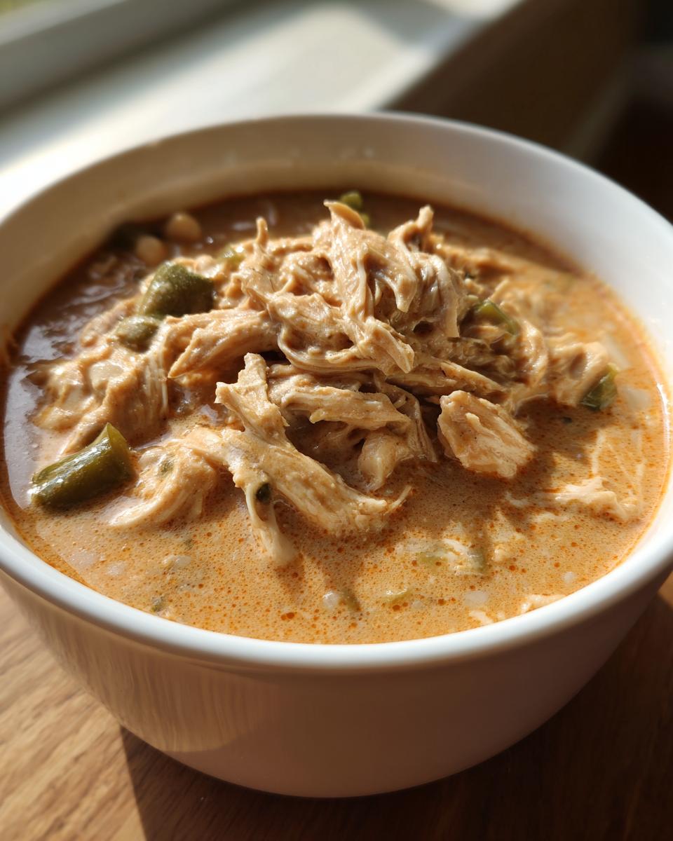 Close-up of a white bowl filled with creamy, orange-hued cream cheese chicken chili, topped with shredded chicken and green peppers.