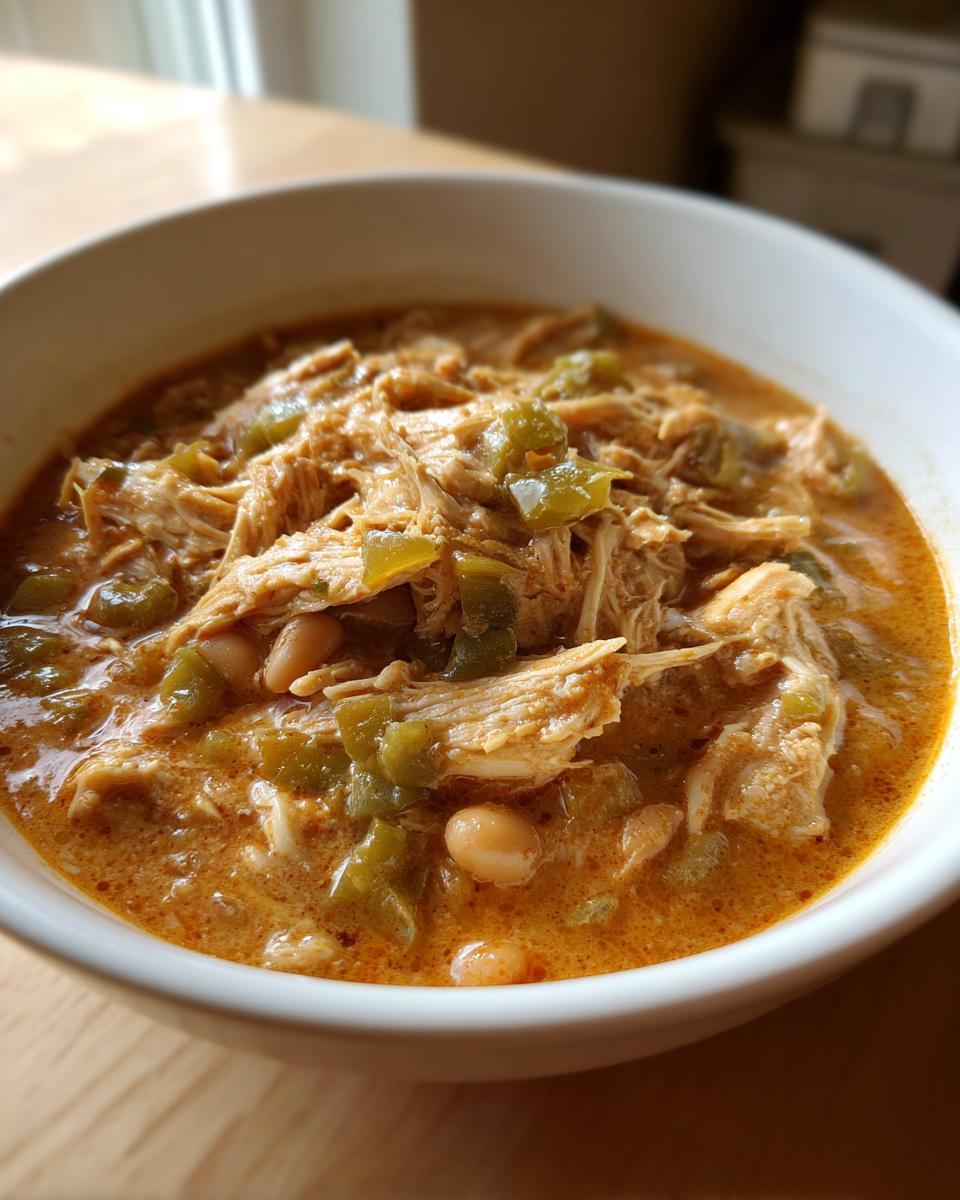 Close-up of a hearty bowl of cream cheese chicken chili featuring shredded chicken, green peppers, and white beans in a creamy orange broth.