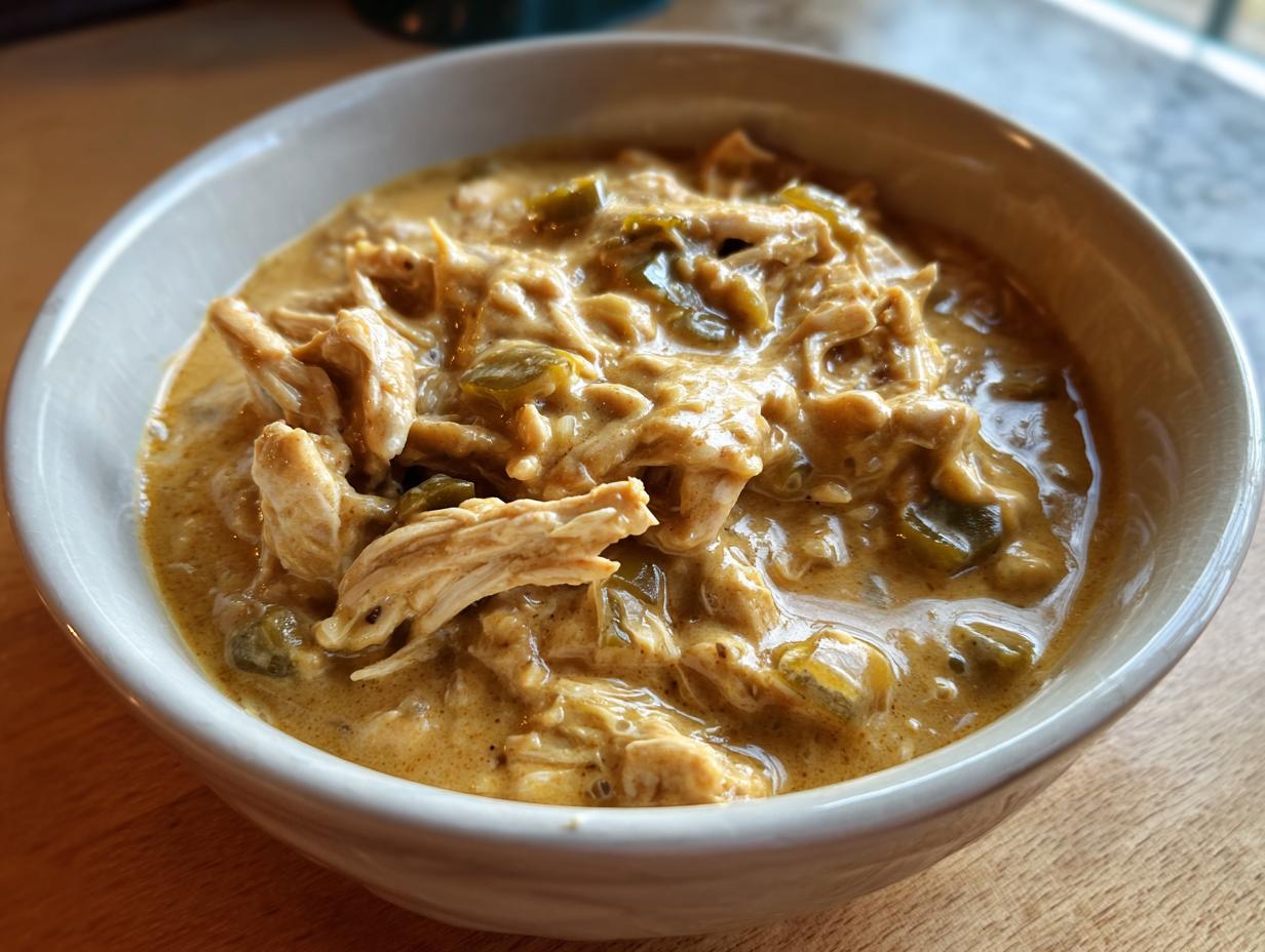 Close-up of a white bowl filled with creamy, shredded cream cheese chicken chili and green chiles.