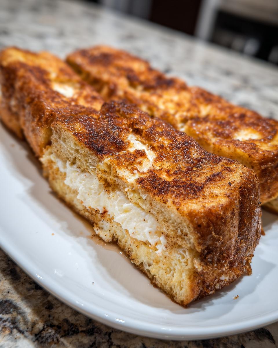 Two slices of golden brown cream cheese stuffed french toast dusted with cinnamon sugar on a white plate.