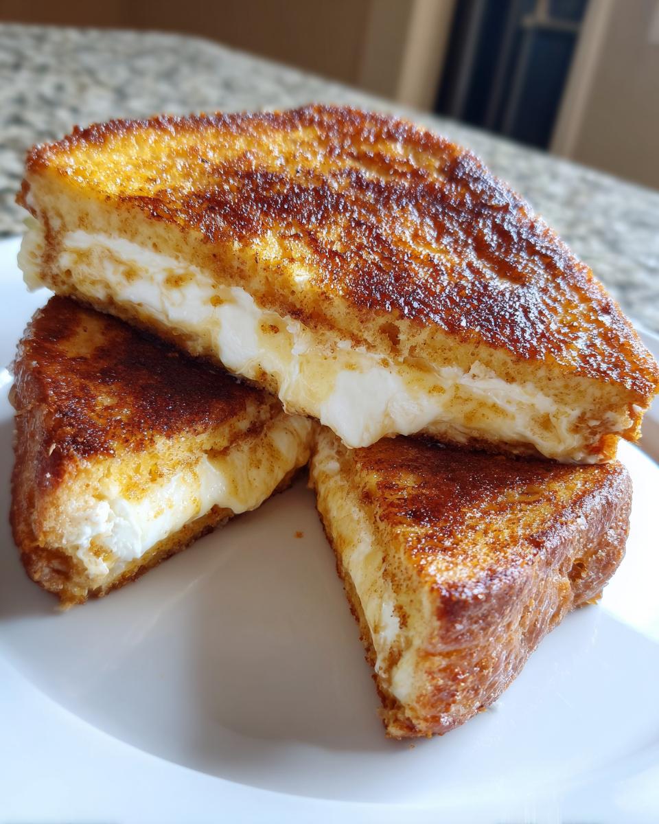 Three golden-brown halves of cream cheese stuffed french toast stacked on a white plate, showing the melted white filling.