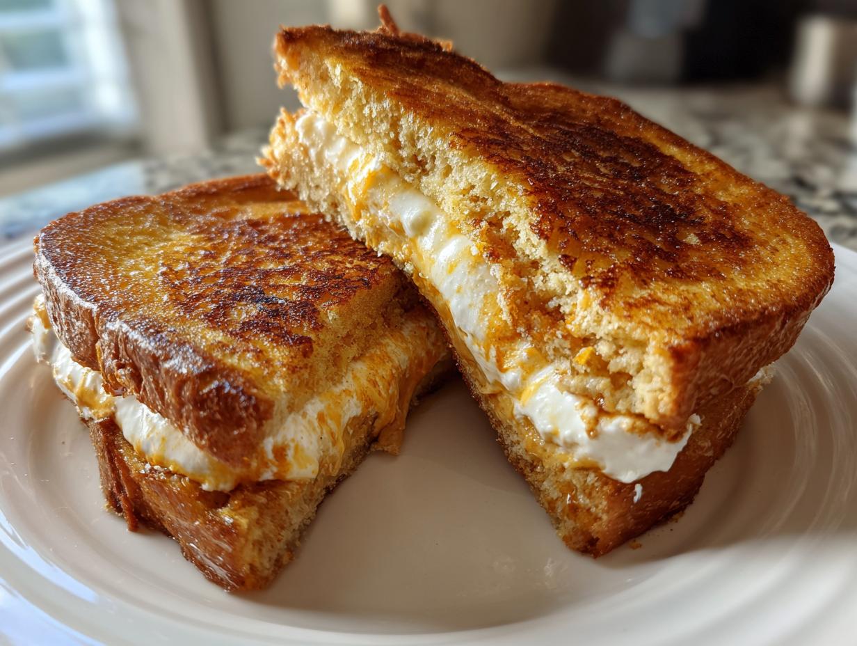 Two halves of golden brown cream cheese stuffed french toast stacked on a white plate.
