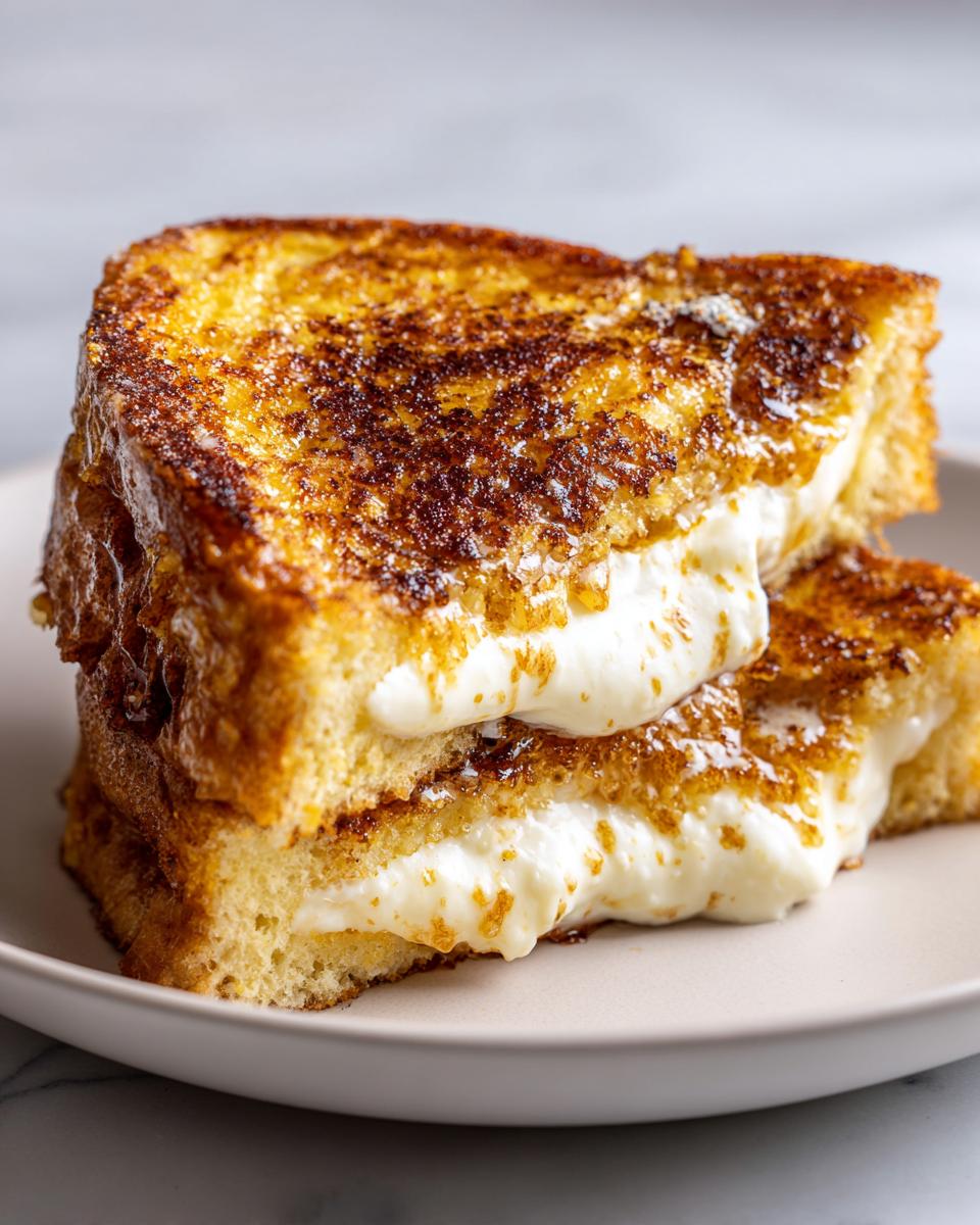 Two halves of golden brown cream cheese stuffed french toast stacked, oozing with rich cream cheese filling.