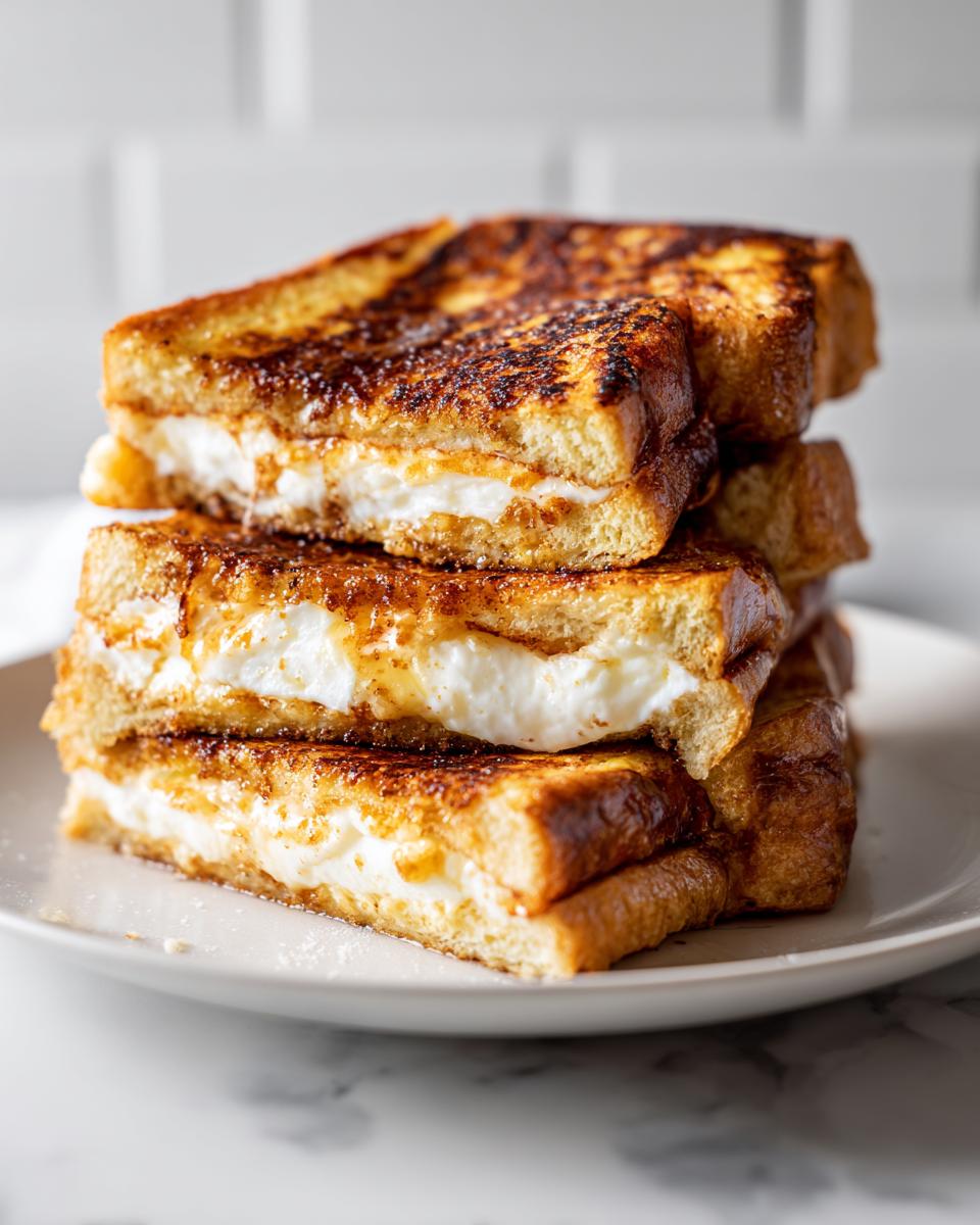 A stack of golden brown cream cheese stuffed french toast halves drizzled with syrup on a white plate.
