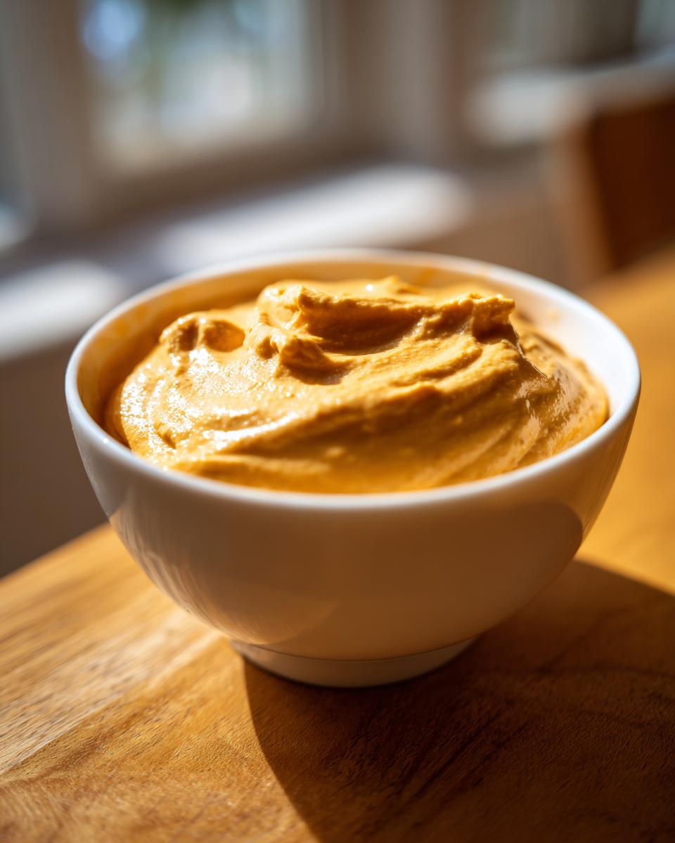 Close-up of thick, creamy, orange-colored beer cheese dip served in a small white bowl on a wooden surface.