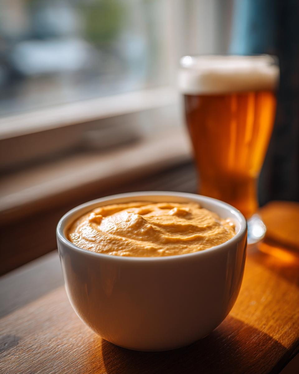A close-up of creamy, orange beer cheese dip served in a white bowl, with a glass of beer blurred in the background.