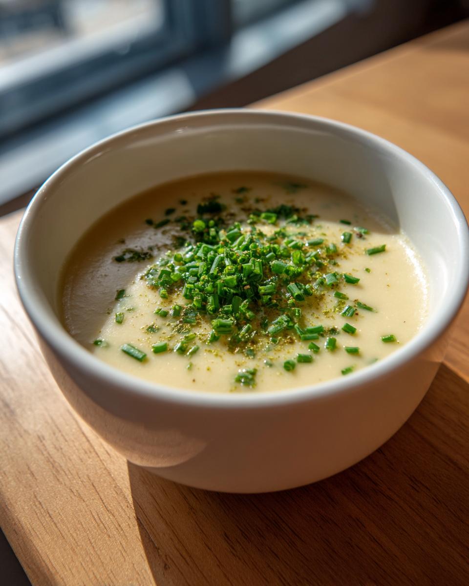 A close-up of a bowl of creamy cauliflower soup garnished generously with chopped fresh chives.