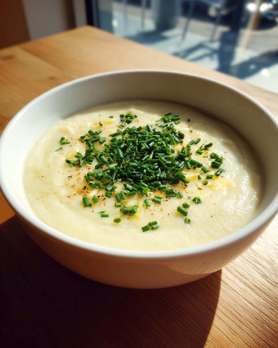 A creamy bowl of homemade cauliflower soup garnished generously with chopped fresh chives and pepper.