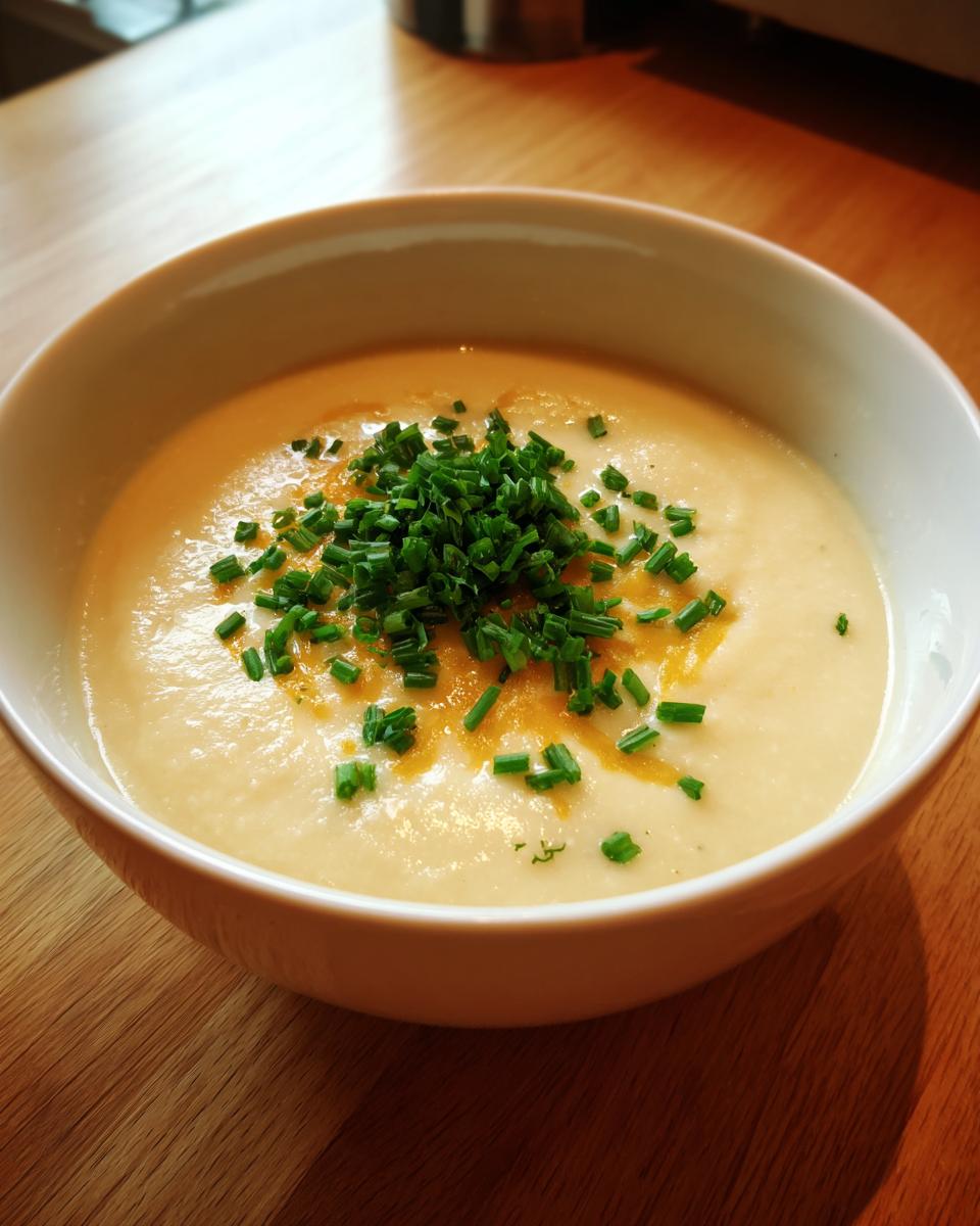 A close-up of creamy cauliflower soup in a white bowl, garnished generously with fresh chopped chives.