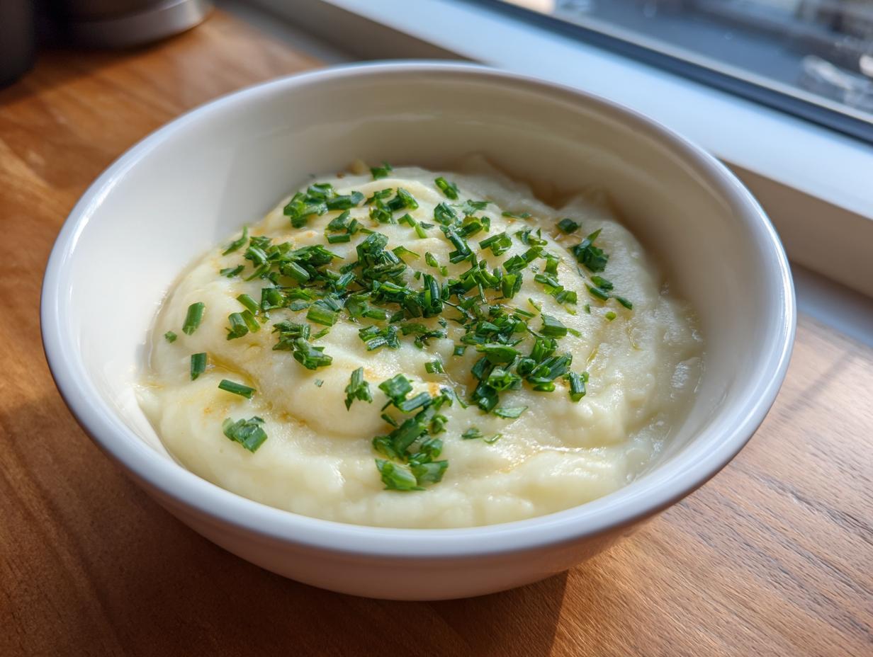 A white bowl filled with creamy cauliflower soup, garnished generously with fresh chopped chives.