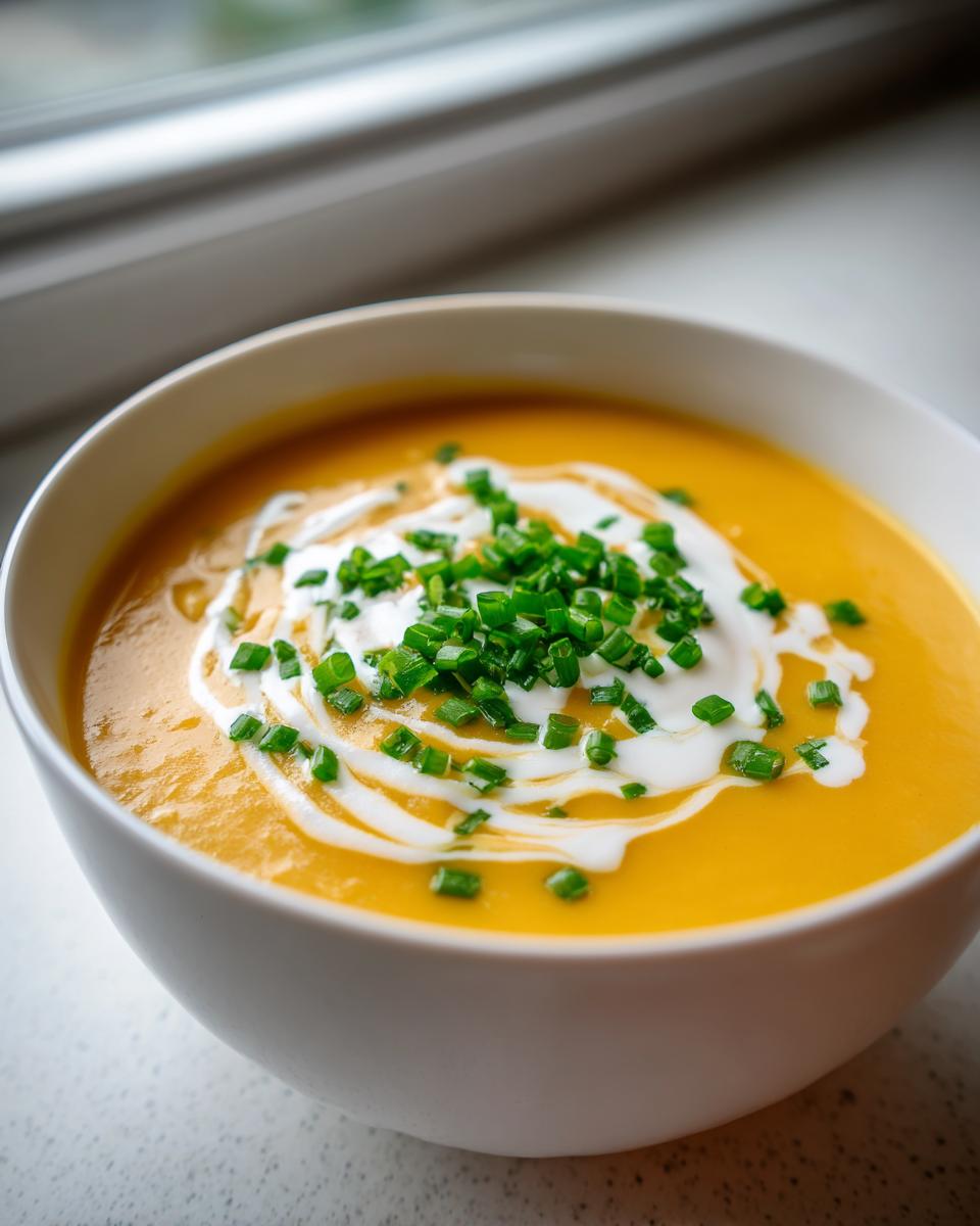 A close-up of a bowl of vibrant orange cheese soup, swirled with cream and topped generously with fresh chopped chives.
