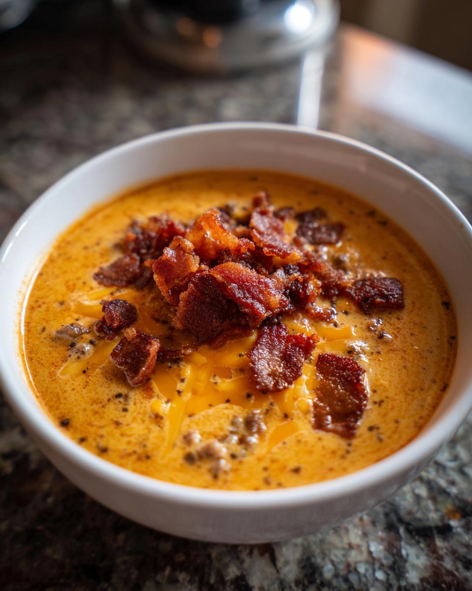 Close-up of a bowl of creamy, orange cheeseburger soup recipe garnished with melted cheddar and crispy bacon pieces.