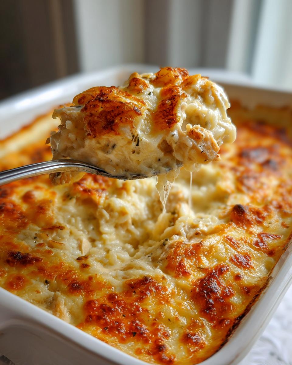 A spoonful of creamy, cheesy chicken and rice casserole being lifted from a baking dish, showing melted cheese stretch.