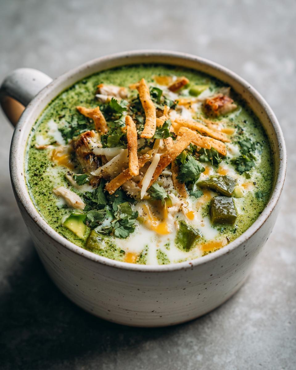 Close-up of a creamy chicken poblano soup recipe, topped with avocado, cheese, cilantro, and tortilla strips.