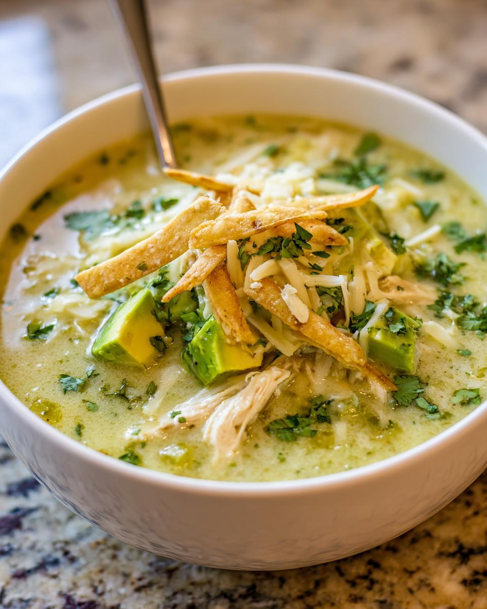 A close-up of a bowl of creamy chicken poblano soup recipe, garnished with avocado, cheese, and tortilla strips.
