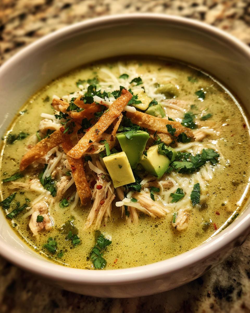Close-up of a bowl of creamy chicken poblano soup recipe, topped with shredded chicken, avocado, tortilla strips, and cilantro.