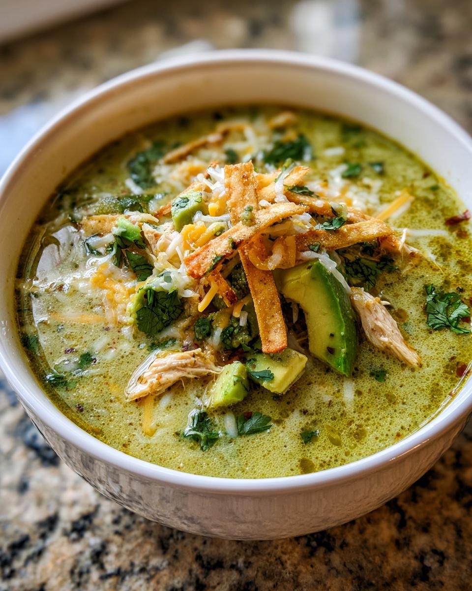 A close-up of a bowl of creamy chicken poblano soup recipe, garnished with avocado, cheese, and tortilla strips.