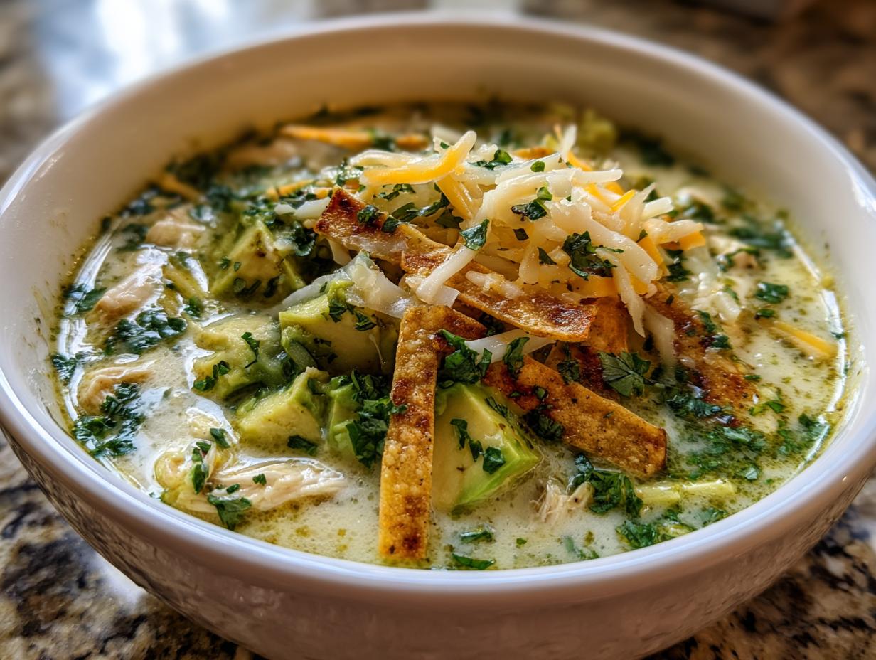 Close-up of a bowl of creamy chicken poblano soup recipe, garnished with avocado, shredded cheese, and tortilla strips.