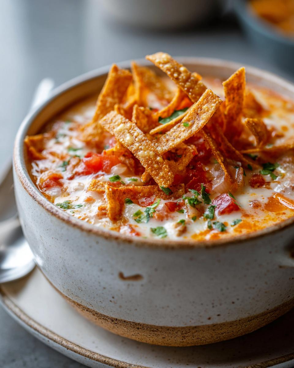 Close-up of a bowl of creamy chicken tortilla soup topped generously with crispy tortilla strips and chopped cilantro.