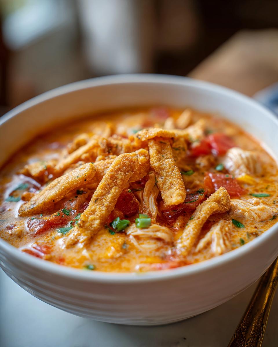Close-up of a white bowl filled with creamy chicken tortilla soup, topped with crispy tortilla strips and green onions.