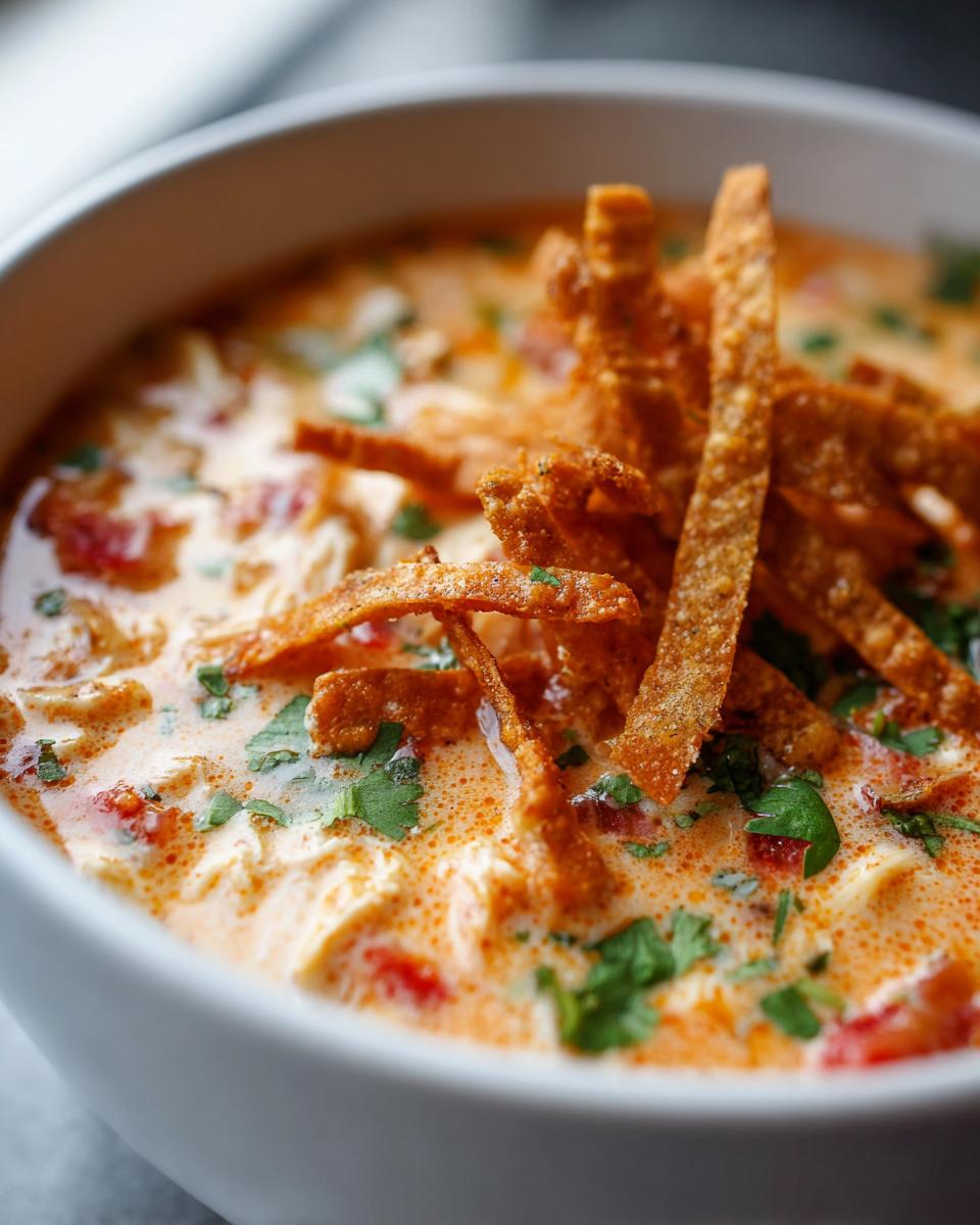 Close-up of a white bowl filled with creamy chicken tortilla soup, topped with crispy tortilla strips and fresh cilantro.