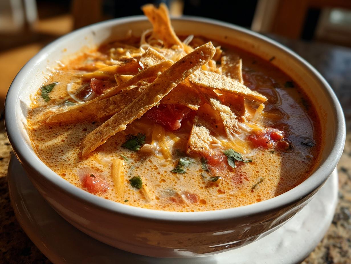 A close-up of a white bowl filled with creamy chicken tortilla soup, topped with tortilla strips, cheese, and tomatoes.