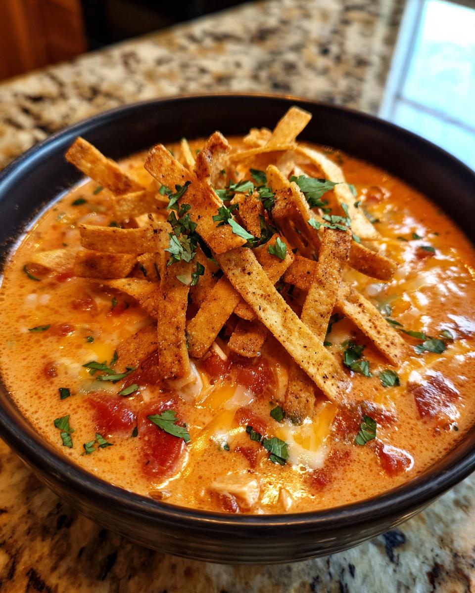 A close-up of a dark bowl filled with creamy chicken tortilla soup, topped with crispy tortilla strips and cilantro.