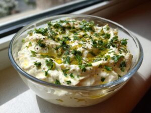 A glass bowl filled with creamy dirty martini dip, garnished generously with fresh parsley and olive oil.